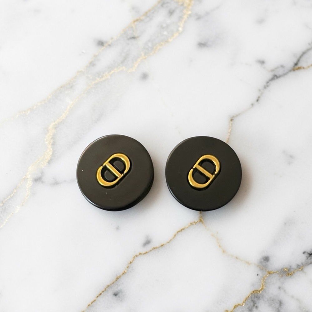 Luxury Black/Gold Signature Logo Upcycled Button Earrings 17mm